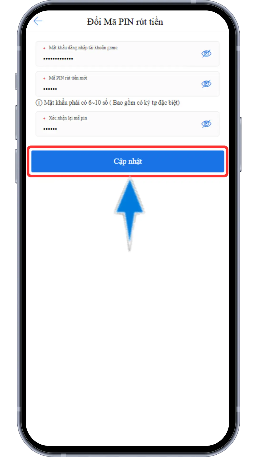 Bước 4 : Điền Mật Khẩu Đăng Nhập => Mã Pin Mới => Xác Nhận Mã Pin Mới => Ấn Xác Nhận